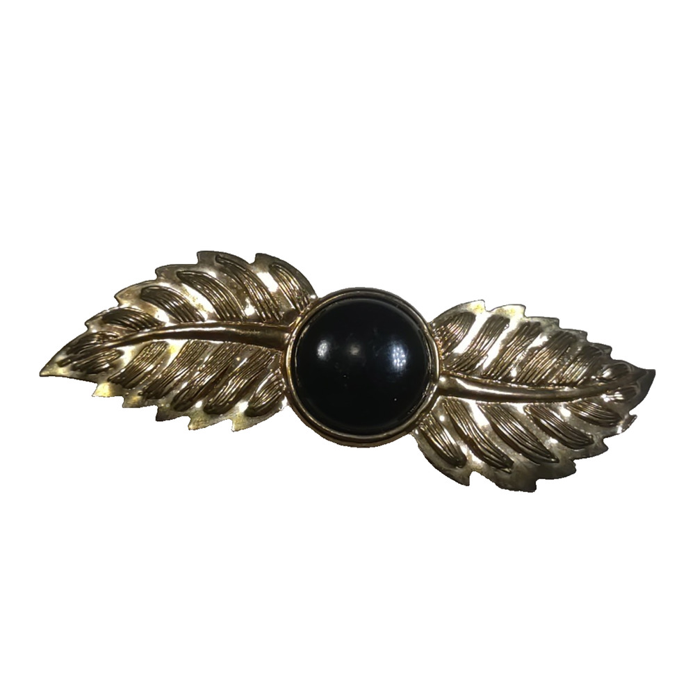 Hair Barrette Tension Clip Gold Tone Black Center Greek Goddess